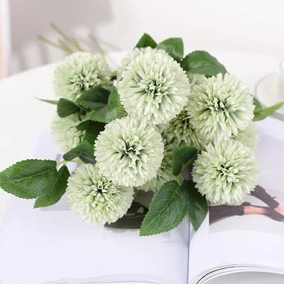 5pcs Green 5 шт./компл. 3 головы желтый Искусственные цветы гортензии букет с длинными стеблями шелк, принт в виде одуванчиков, осень домашние вечерние декор в форме искусственных цветов - Цвет: 5pcs Green