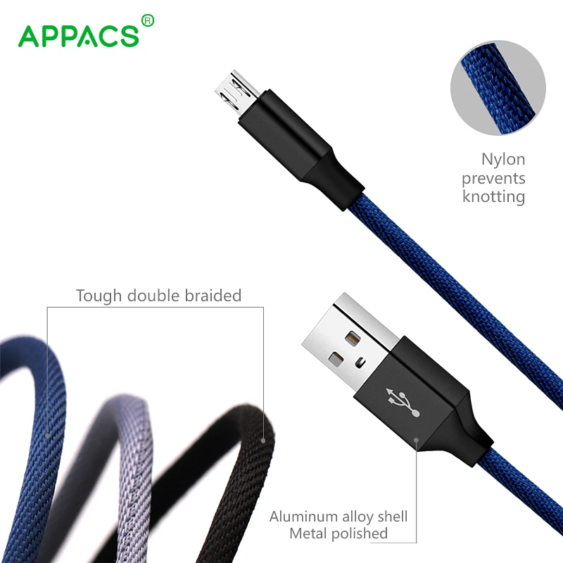 APPACS нейлоновый Плетеный Micro USB 2 0 кабель для синхронизации данных 5V2.1A Быстрая