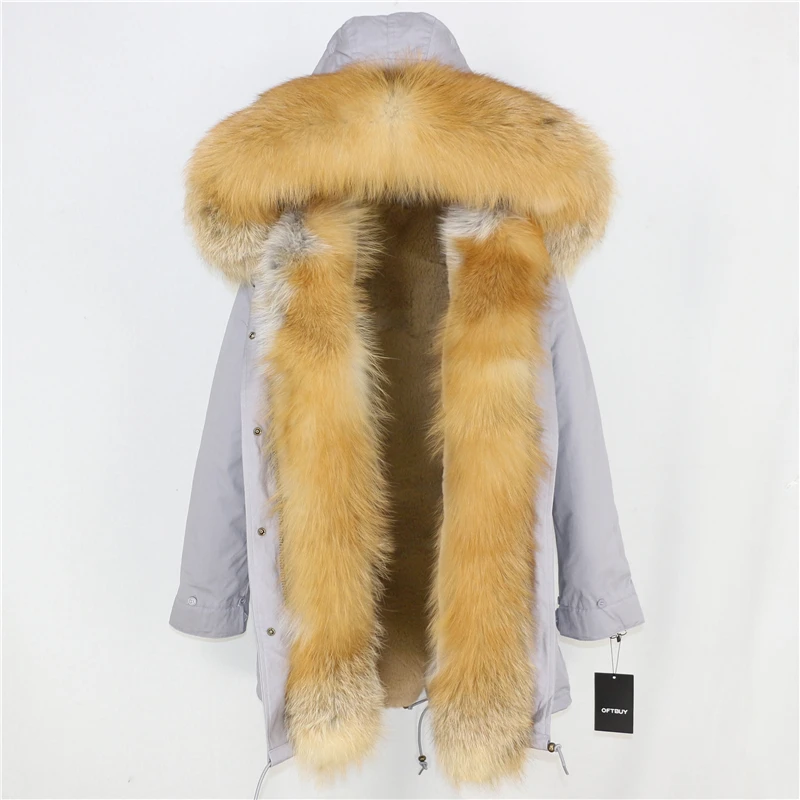 grey gold E OFTBUY,, настоящая лисица, пальто, зимняя куртка, Женская длинная парка, натуральный Лисий мех, отделка, капюшон, брендовая парка, толстая, теплая, уличная одежда, съемная - Цвет: grey gold E
