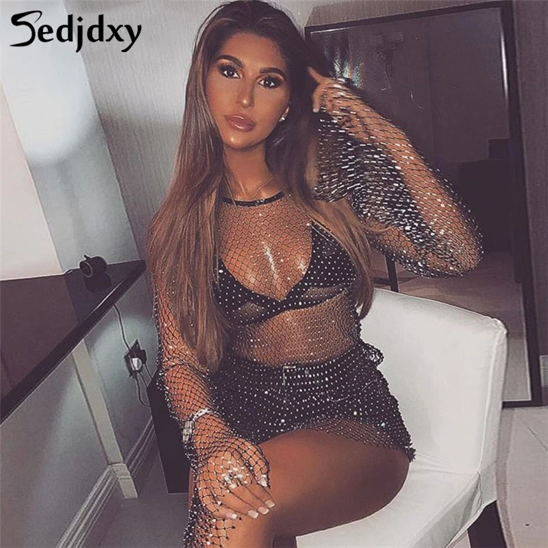 Sexy Hollow Out Club Dress Short Black White Long Sleeve See Through Summer Beach Party Dresses | Женская одежда