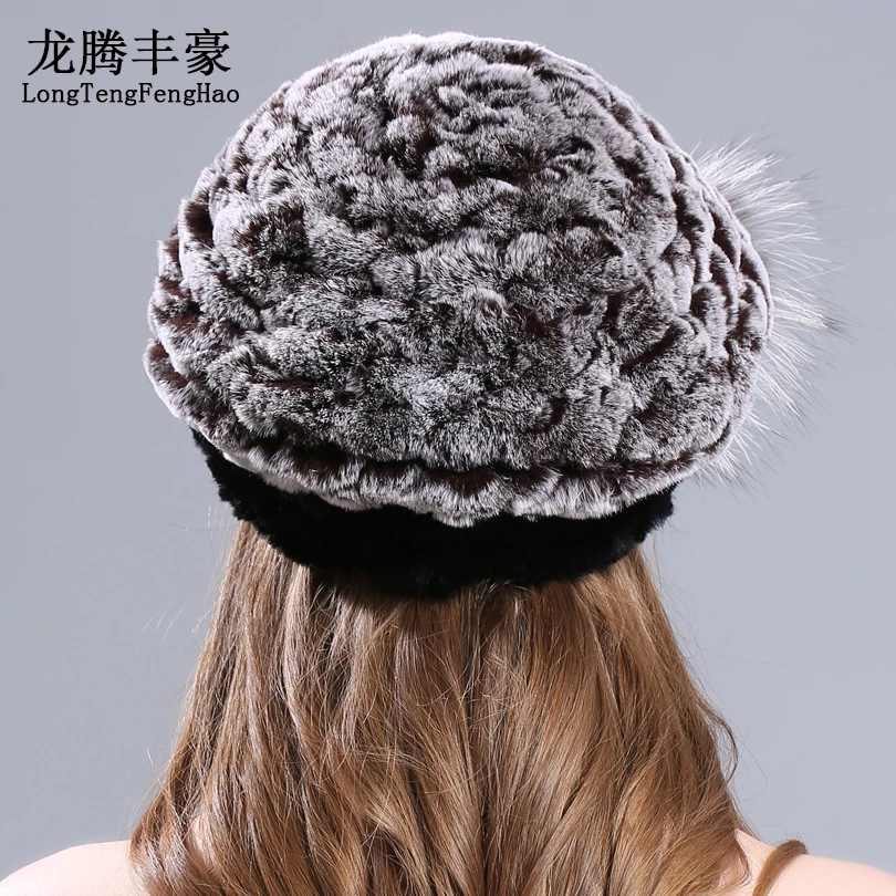 Женский вязаный берет из кроличьего меха с цветком | Аксессуары для одежды