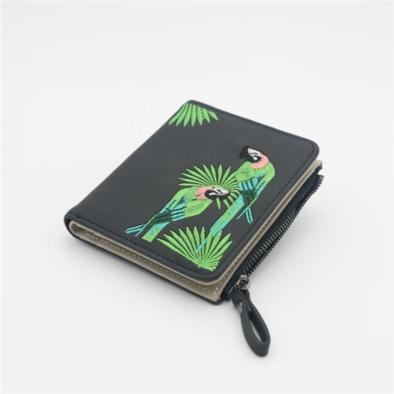 Женский кошелек с вышивкой птицы Portefeuille Femme на молнии, короткий кошелек, кожаный держатель для карт, зеленый, синий, розовый, черный, женские кошельки
