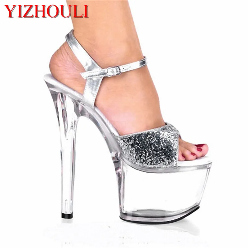 

Fashion 7 Inch High-Heeled Shoes Wedding Shoes Silver Glitter Crystal Shoes 17cm Ultra High Heel Shoes Bridal Bridesmaid Sandals