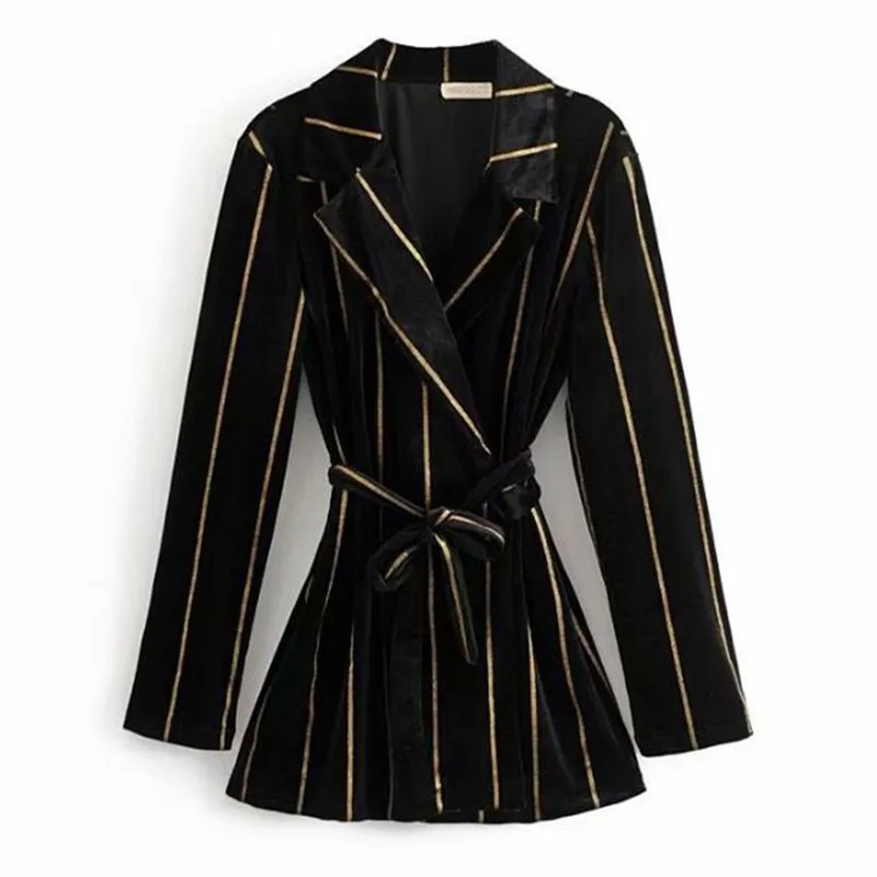 2019 полосатый принт основной велюр прилив лук пояса пальто Винтаж для женщин Turn-Down