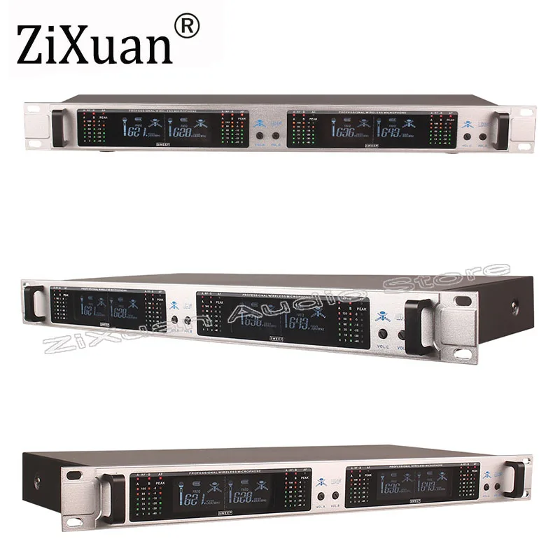 

Professional UHF 4 Channel Stage Performance Wireless Microphone System With 4 Headset Waist Pack HandHled Microphone