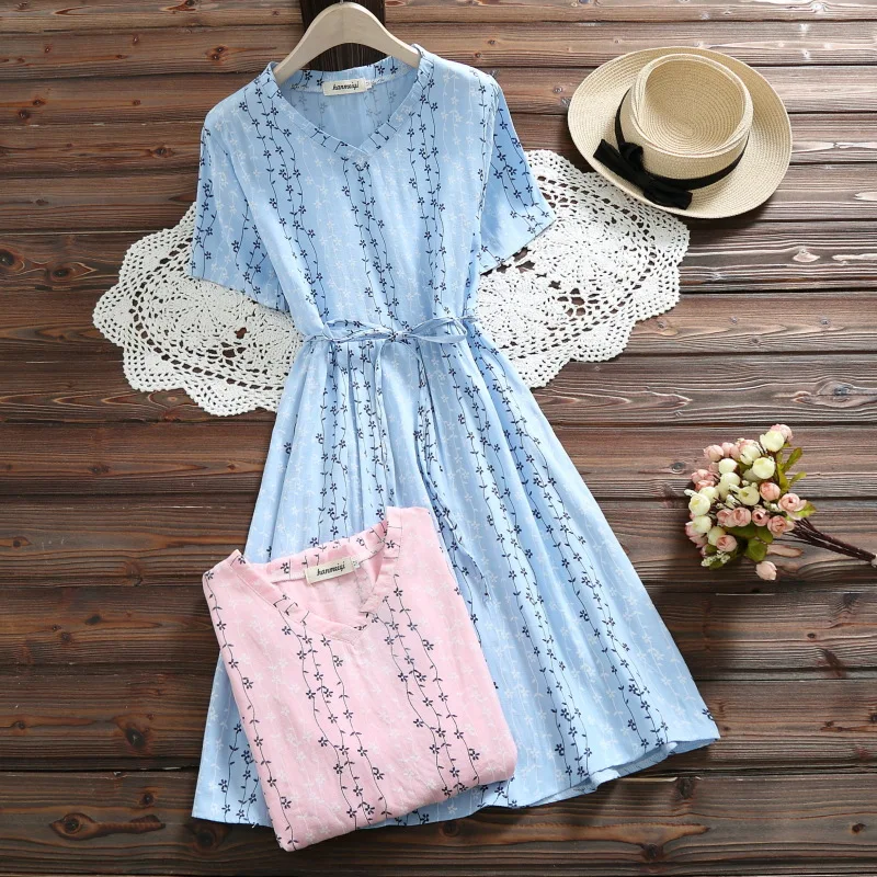 Small fresh floral long paragraph A-line dress 2018 Fine golden art loose length-sheet A cotton | Женская одежда