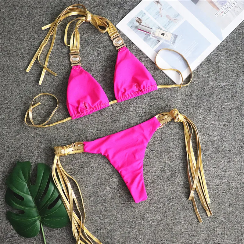 In-X Crystal bikini Sexy halter swimsuit female Solid string bikini set High cut swimwear women Shiny bathing suit Bathers