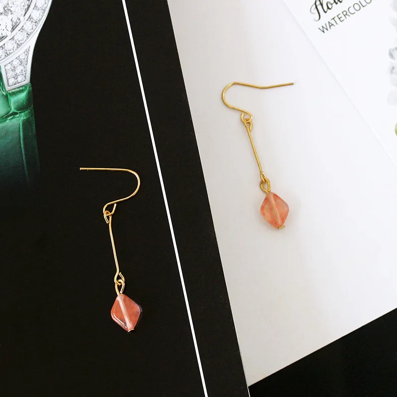 

Light Pink Rhombic Opal Stone Stick Pendant Golden Dangle Earrings Drop Earrings for Women