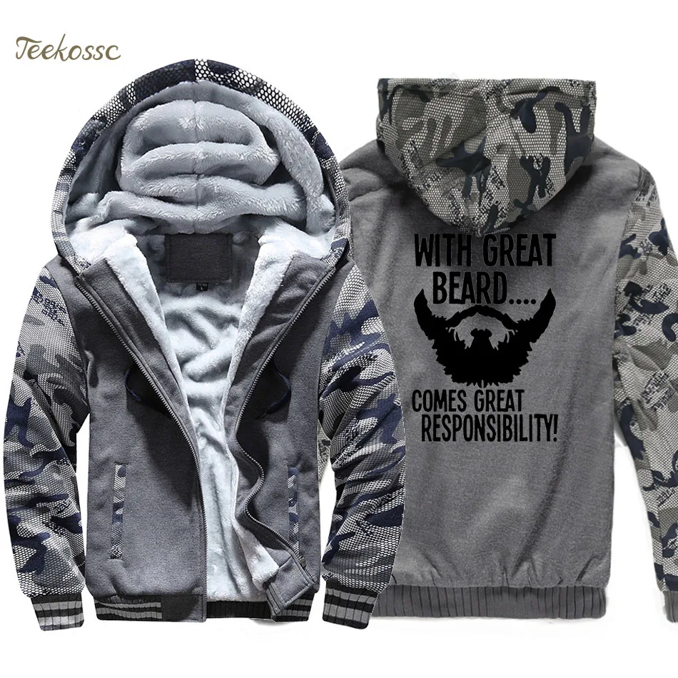 

With Great Beard Comes Great Responsibility Hoodie Men Letters Print Hooded Sweatshirt Coat Thick Fleece Warm Camouflage Jacket