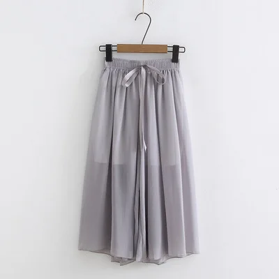 

Fresh Korean Style Summer Women Pure Color Loose Broad-legged Pants Chiffon Seven-minute With Lining Wide Leg High Waist Pants