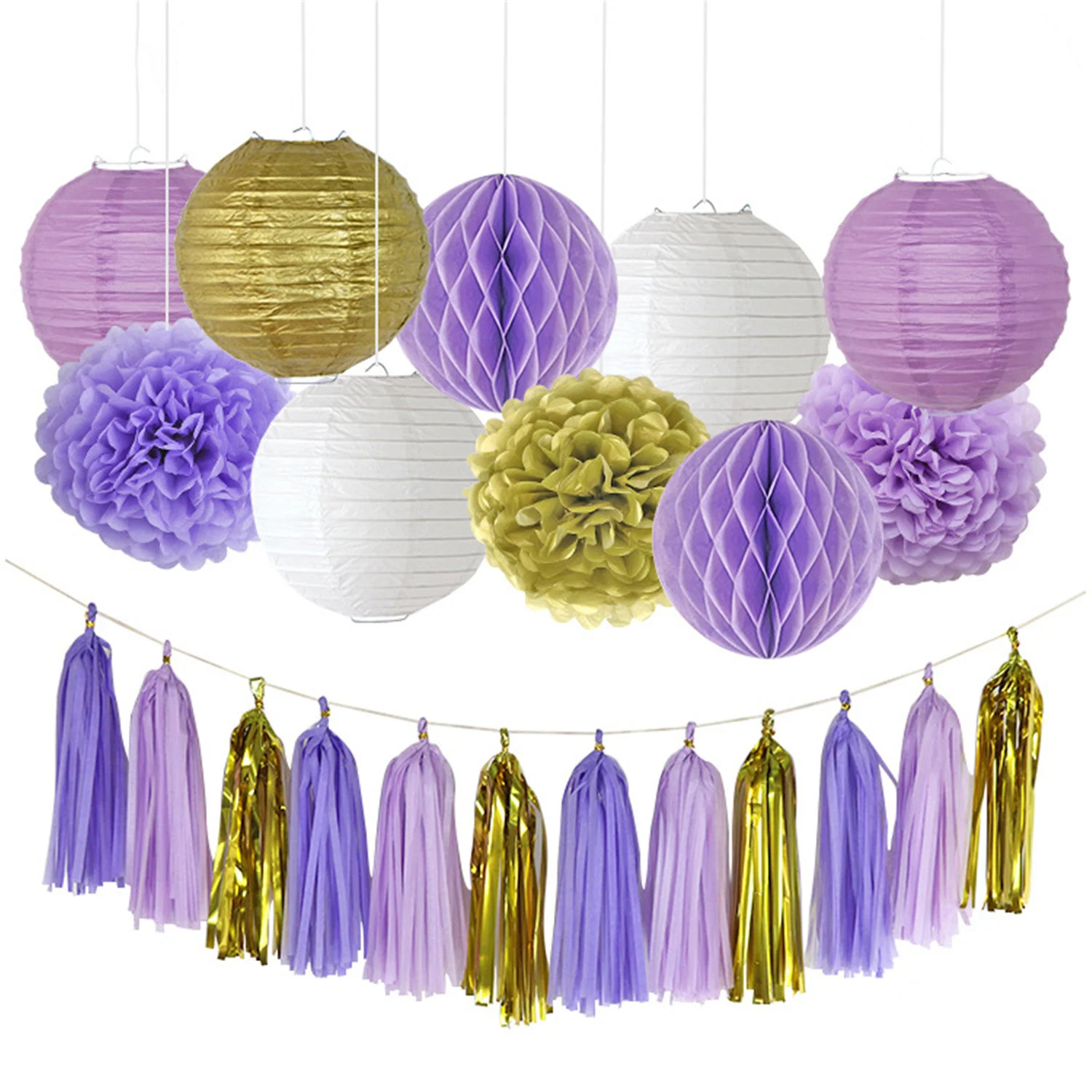 

Party Lanterns Decorations Hanging Paper Lanterns With Tissue Pom Poms Honeycomb Balls Tassels For Birthday Party