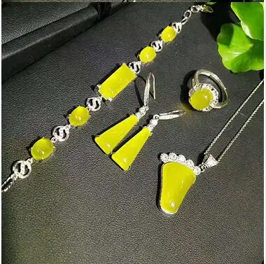 Natural agate four piece silver set Yellow Green Agate Necklace Ring Bracelet Earrings Jewelry for women | Украшения и аксессуары
