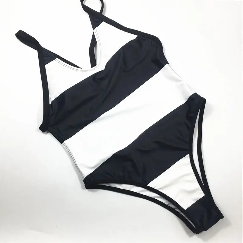 Черный и белый полосатый цветной Цельный купальник бикини со съемным подкладом