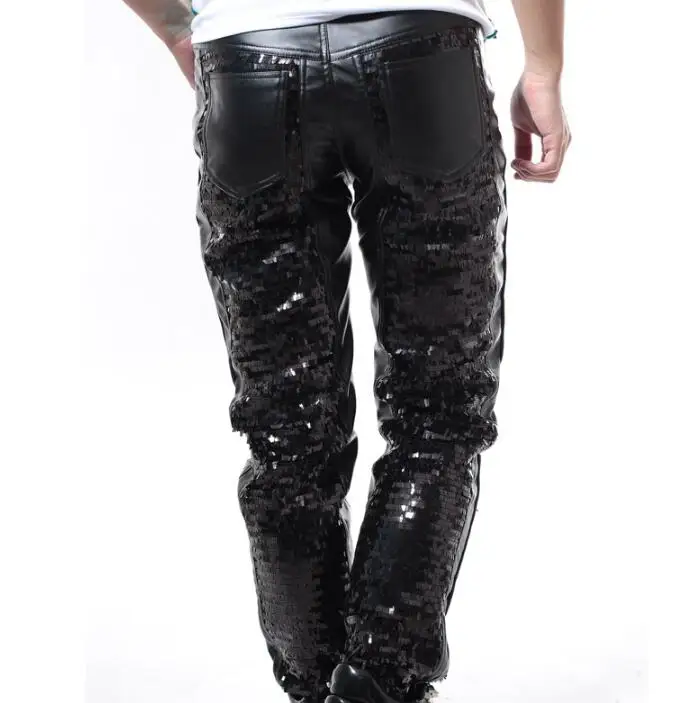 Мужские кожаные брюки с блестками черные| |