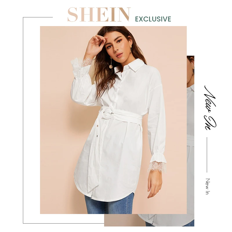 SHEIN Рубашка С Поясом Изогнутым Краем И Контрастными Кружевами Женская Весенняя Элегантная Блузка С Длинными Рукавами