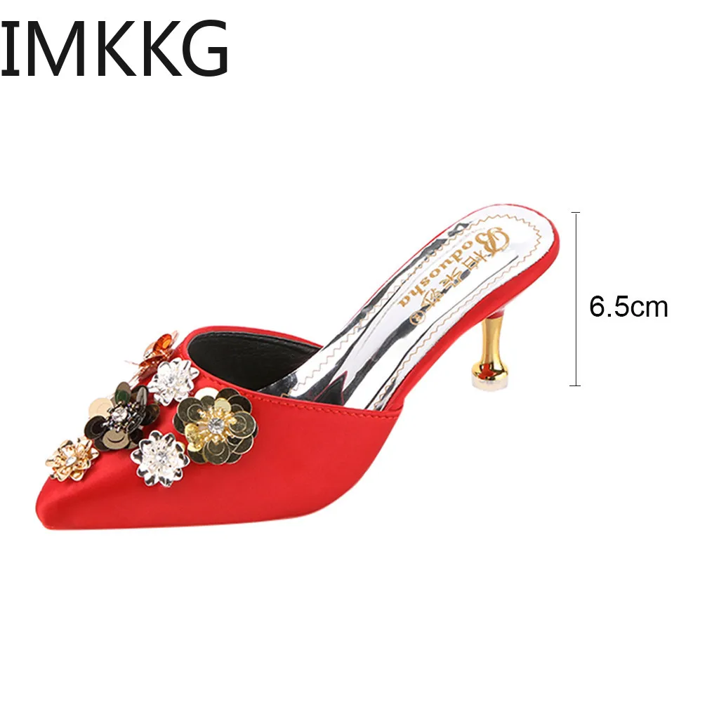 Женские шлепанцы на высоком каблуке с острым носком Женская обувь цветочным