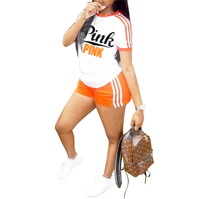 Лидер продаж летний женский полосатый розовый комплект с буквенным принтом