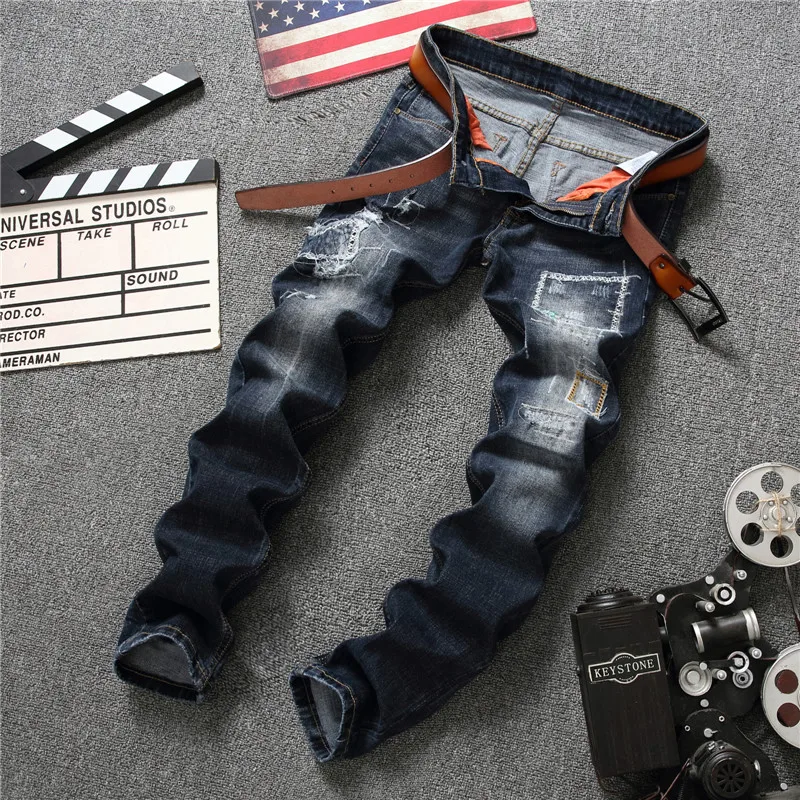2019 Для мужчин с дырками и потертостями Джинсы синие зауженные брюки для байкеров