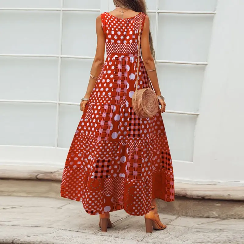 Повседневное Макси платье женское летнее без рукавов в горошек Бохо синее модное