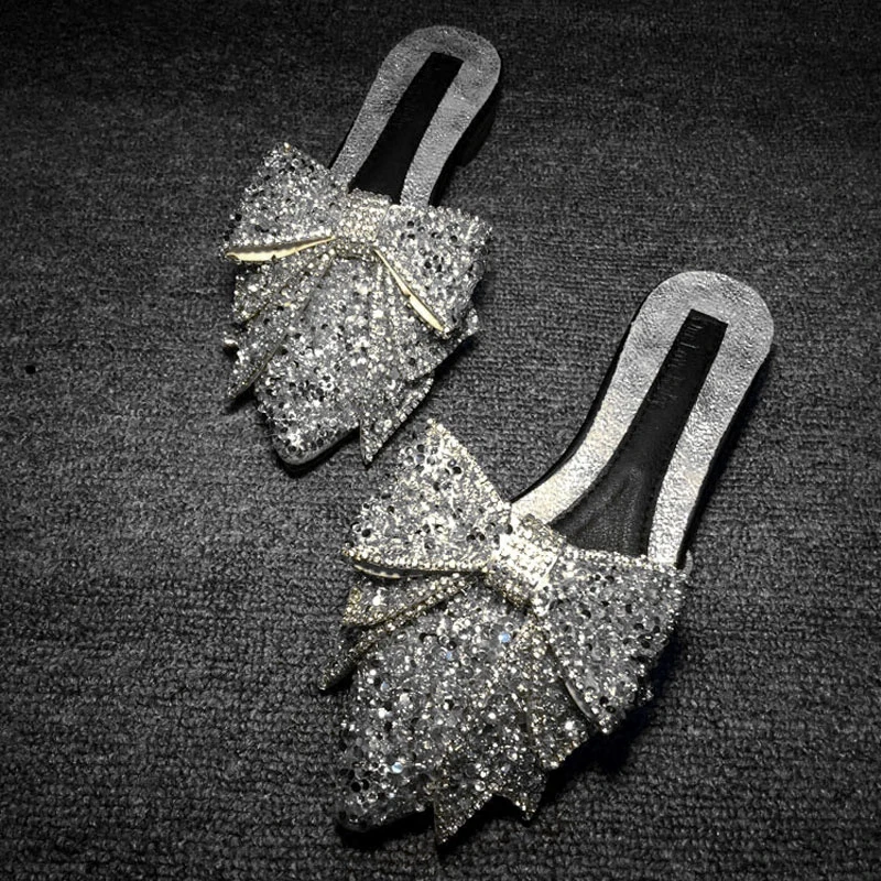 

Koovan Women's Sandals 2021 Summer Rhinestone Slippers Female Footwear Pointed Sandals Slippers Half Bow Flat Shoes for Girls
