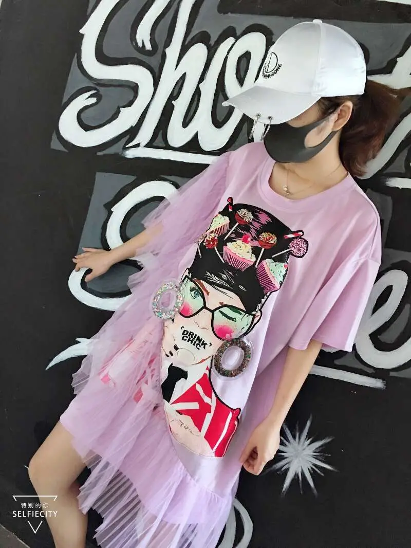 Женская корейская мода мультфильм девушка лоскутное Дизайн футболка платье