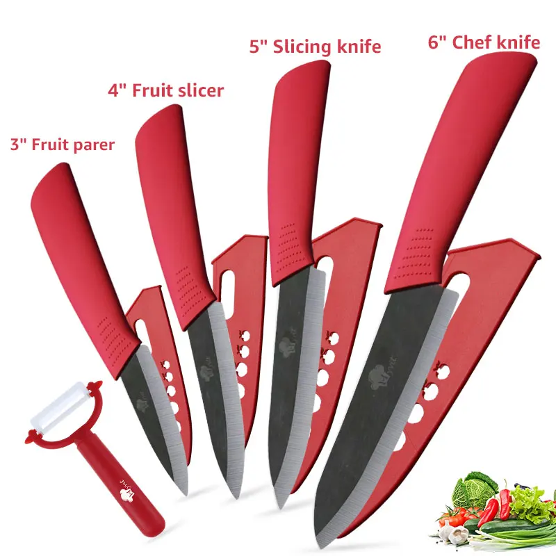 Red knives set Керамический нож, набор кухонных ножей 3, 4, 5, 6 дюймов+ Овощечистка, циркониевый черный нож, фруктовый нож повара, нож Vege, инструмент для приготовления пищи - Цвет: Red knives set