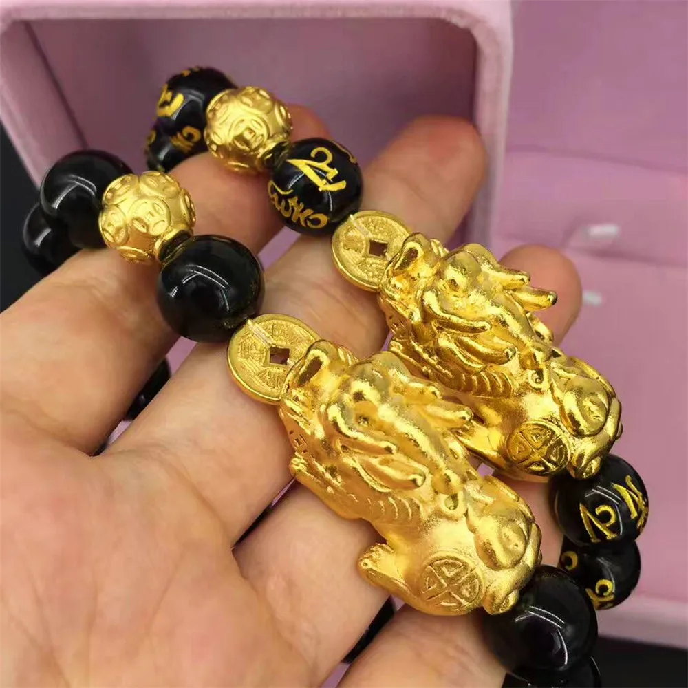 New Style Vietnamese Sand Gold Pixiu Coin Charm Bracelet Natural Six Words Black Onyx Beaded Bracelet for Fashion Men Wholesale