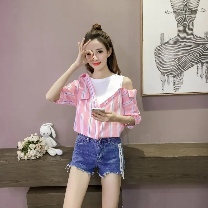 Fashion Pink Short Sleeve Shirt Women 2018 Striped Summer Shirts Loose Casual Tops TTBE008 |