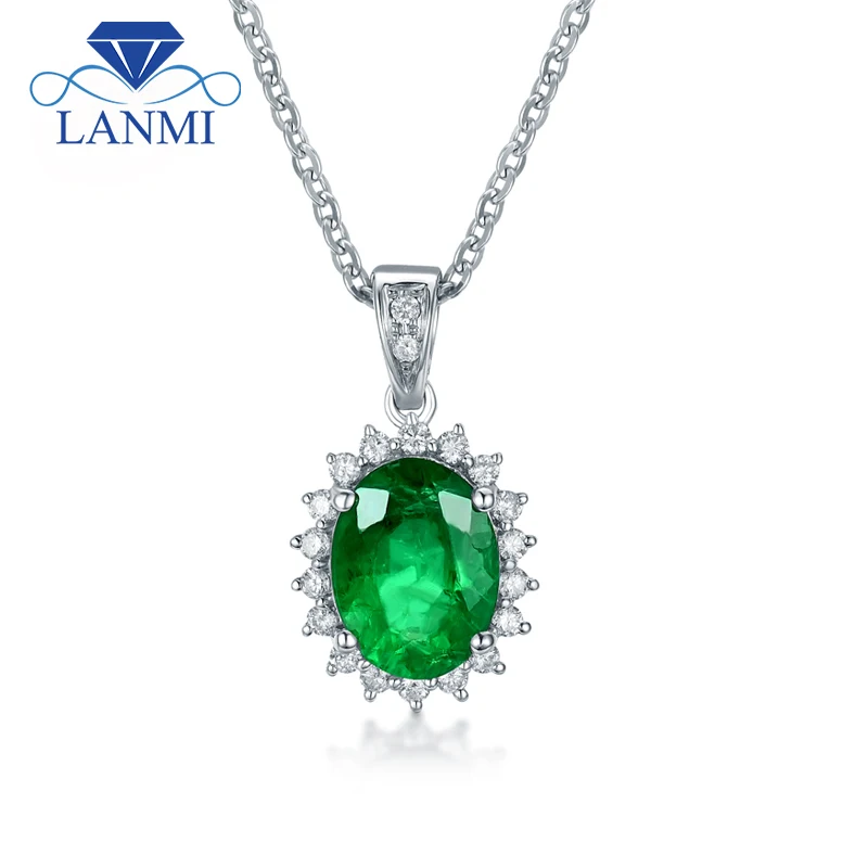 

LANMI Gorgeous Oval 6x8mm Natural Emerald Dia In 14Kt White Gold Wedding Pendant WP043