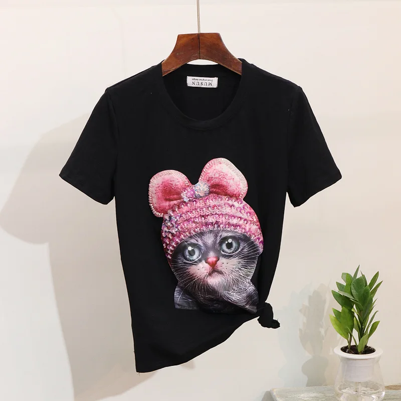 2019 Весна Лето Топ Женская футболка вышитое Блестящим Бисером мультфильм Кот