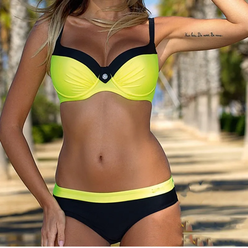 2018 сексуальный женский купальник желтый комплект бикини бандажный бюстгальтер с