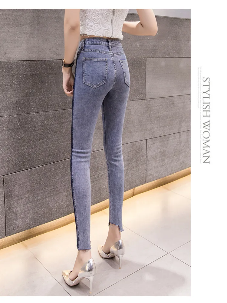 JUJULAND 2019 new summer fashion tide blue high waist patchwork hit color woman pencil pantsColor Blocking jeans 846 | Женская одежда