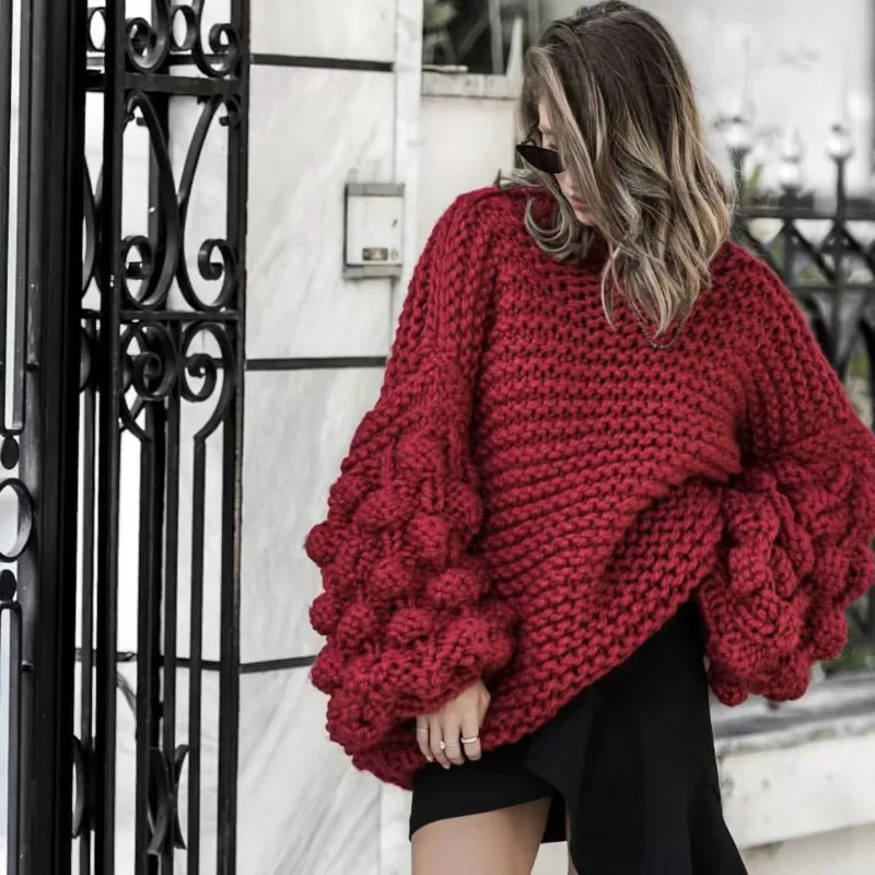 Autumn Coarse wool handmade knitted Sweater women Half turtleneck lazy Rough Knitted Lantern Sleeved 3D Yarn Ball Pullover | Женская