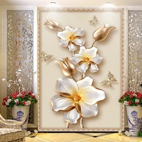 3d stereoscopic luxury gold flower jewelry photo mural wallpaper european style hotel living room entrance backdrop wall papers