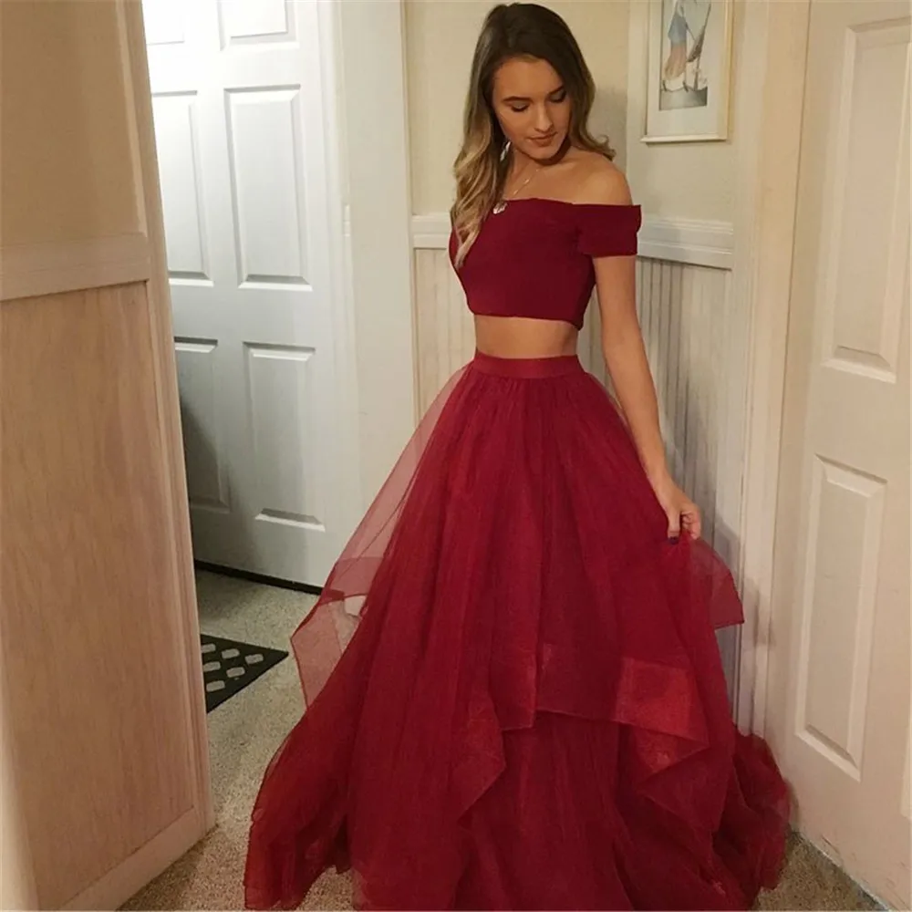 

Two Piece Prom Dresses Burgundy Boat Neck Short Sleeve A Line Tulle Simple Long Evening Gowns 2019 Cheap Party Dress Fashion