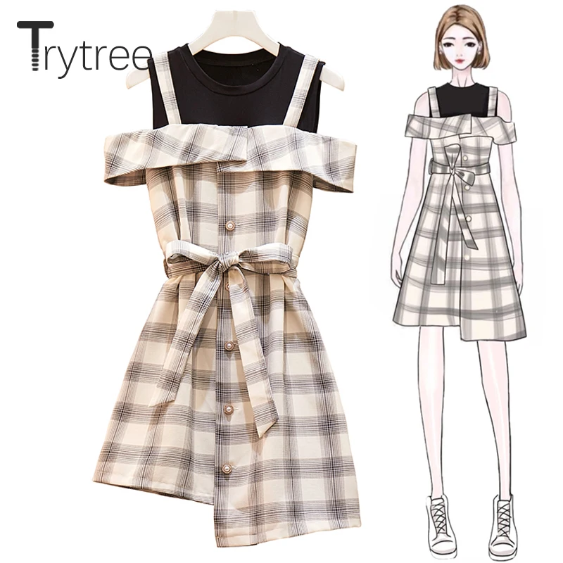 Женское клетчатое платье Trytree офисное лоскутное с круглым вырезом пояс оборками