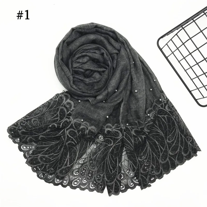 s67 black 1 шт., сплошной цвет, две стороны, кружево, женский платок, хиджаб, шаль, мусульманский шарф, с жемчугом, простая прострочка, Женский малазийский хиджаб - Цвет: s67 black