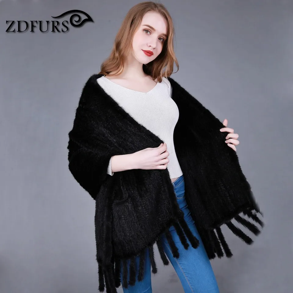 ZDFURS * Натуральная Вязаная Шаль из меха норки с карманом и бахромой норковая
