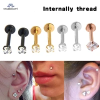 1pc titanium rose gold labret lip ring zircon anodized internally threaded prong gem monroe 16g tragus helix ear piercing