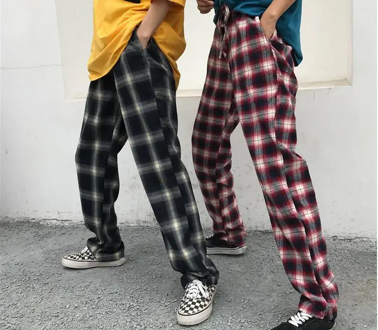 YouGeMan Pantalon Femme женские весенне-летние корейские Ulzzang Harajuku прямые клетчатые брюки с завязками женские черные брюки