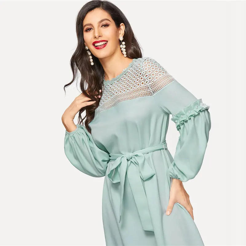 SHEIN Платье С Оригинальным Рукавом И Поясом Винтажное Платье С Кружевными Вставками Стильное Макси Платье