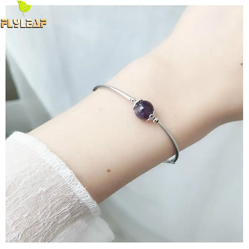 

Flyleaf 100% Nature Stone Amethyst Crystal Bracelets & Bangles Real 925 Sterling Silver Bracelets For Women Fashion Fine Jewelry