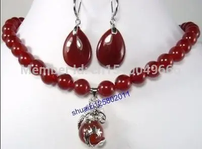 

ER135 Hot sale FREE SHIP>>>17 " beautiful red jade necklace earrings set