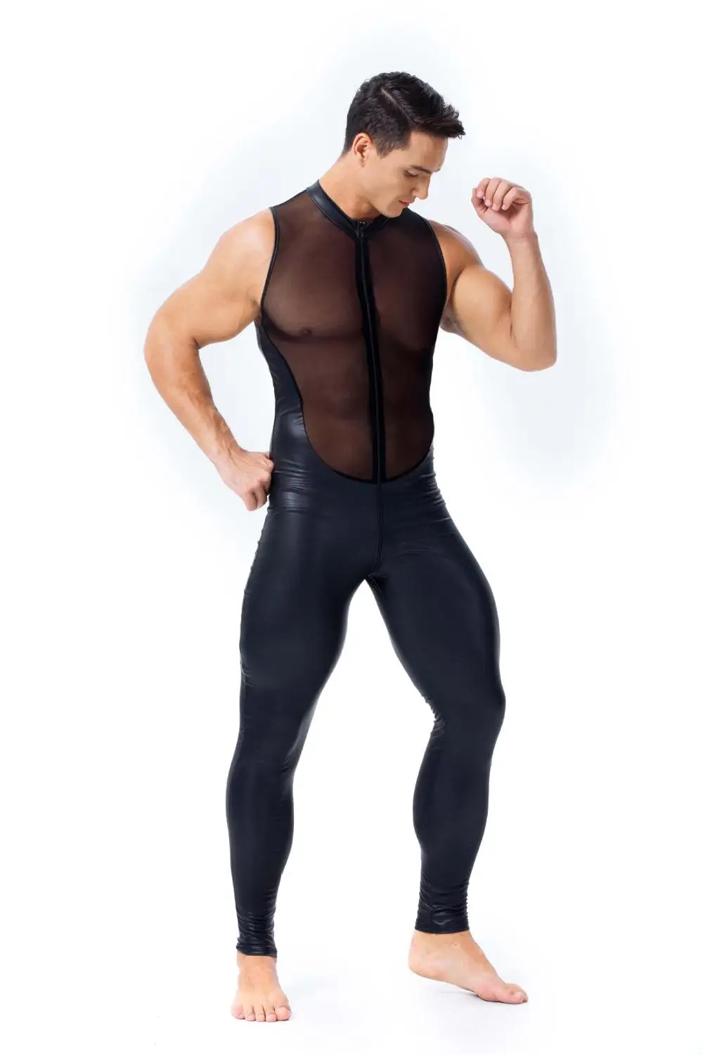 

Men Faux Leather 2019 Bodysuit Fetish Costumes Erotic Teddies S-2XL Sexy See Through Top Tulle With Front Zipper Lingerie