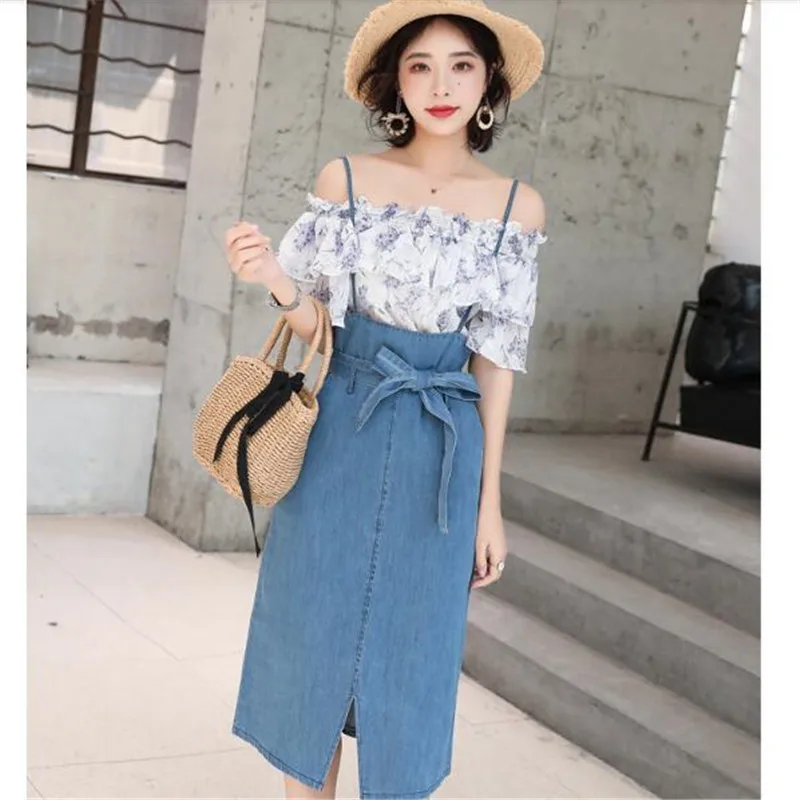 Женский костюм из двух предметов шифоновая рубашка + джинсовое платье на