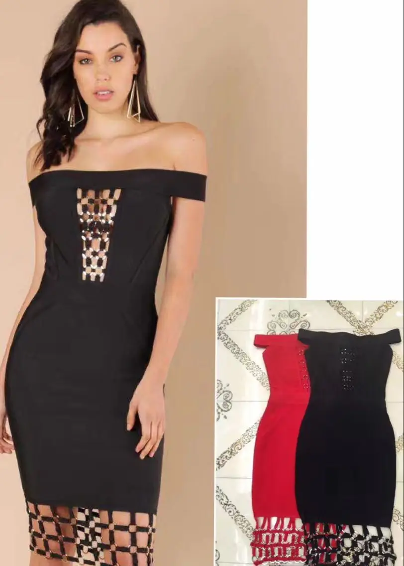 Блестящие Красота Лето 2017 г. Бандажное платье черный красный рукавов Cut