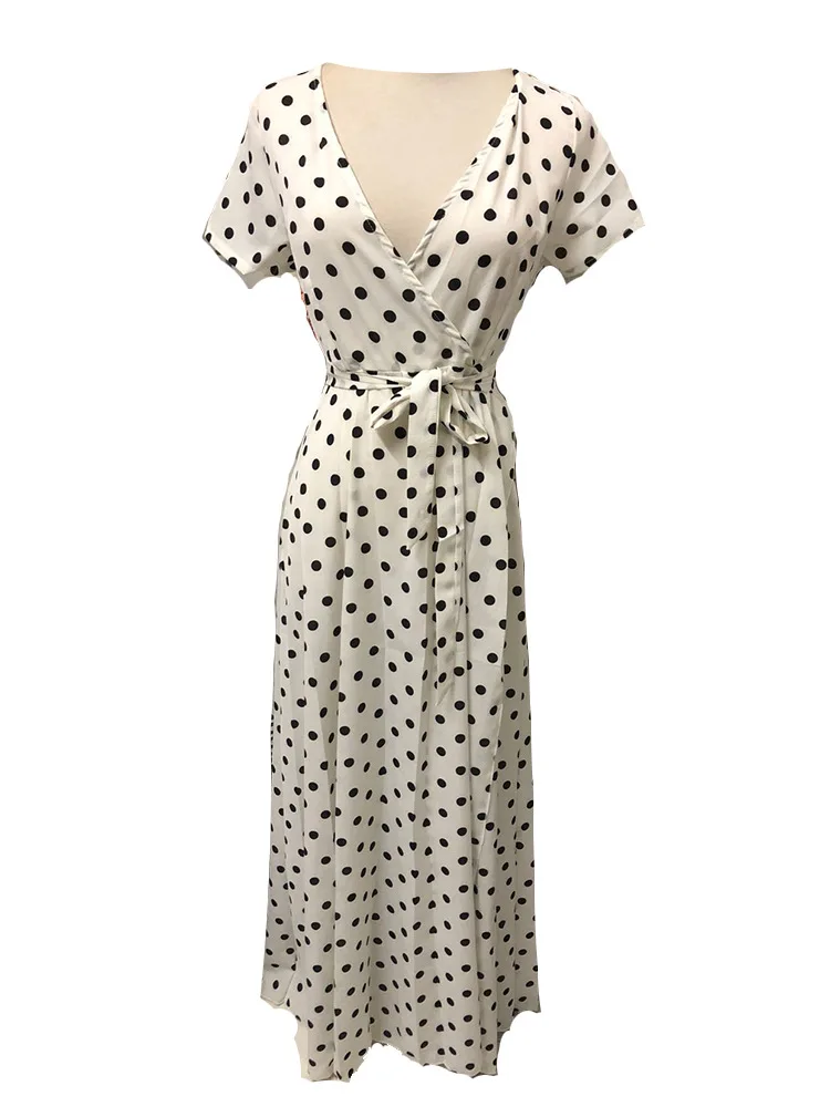 Летнее женское длинное платье в красный белый горошек Пляжное макси вечернее