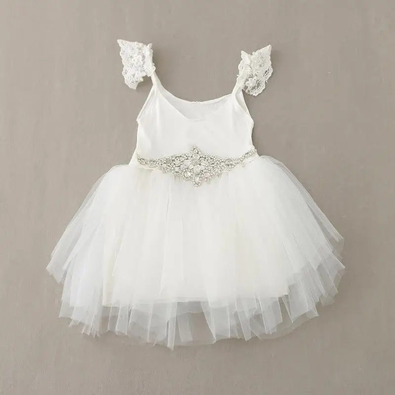 

Princess Sweet Kids Girls Fairy Tutu Lace Party Dress Summer Ruffles Puff Sleeve Candy Color Party Dress with Crystal Belts
