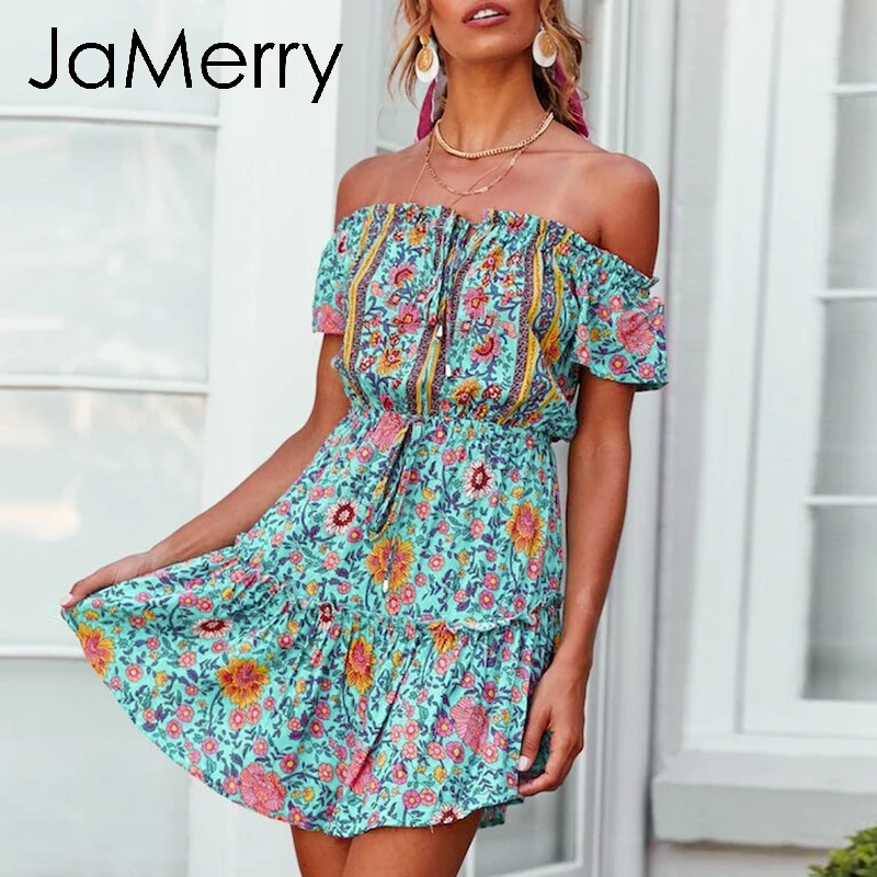 JaMerry винтажное сексуальное Бохо с открытыми плечами принтом Короткое женское