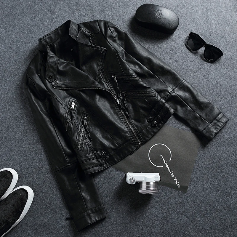 Женская мотоциклетная куртка с длинными рукавами тонкая короткая черная кожаная